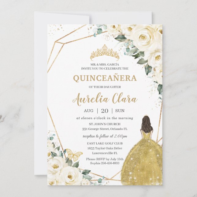 Invitation Chic Quinceañera Ivory White Floral Gold Princess (Devant)