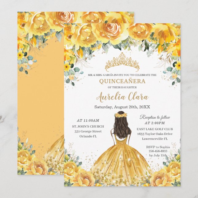Invitation Chic Quinceañera Jaune Floral Princesse Anniversai (Devant / Derrière)