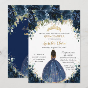 Invitation Chic Quinceañera Marine Bleu Floral Brown Princess