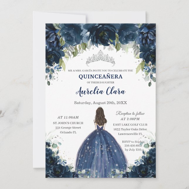 Invitation Chic Quinceañera Marine Bleu Floral Princesse Arge (Devant)
