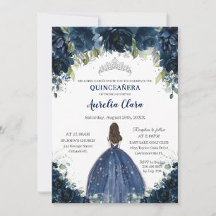 Invitation Chic Quinceañera Marine Bleu Floral Princesse Arge