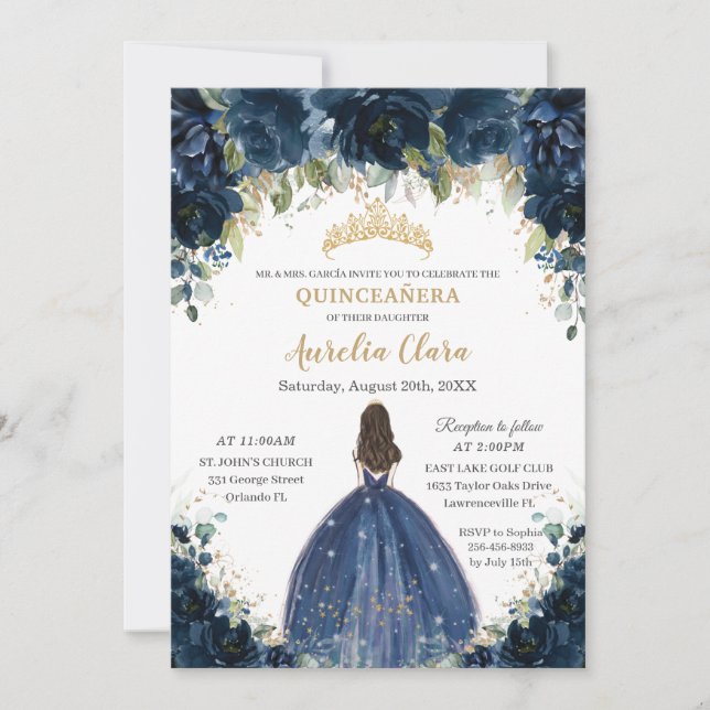 Invitation Chic Quinceañera Marine Blue Floral Princess Crown (Devant)