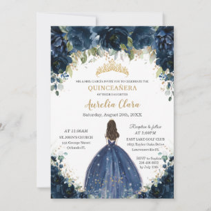 Invitation Chic Quinceañera Marine Blue Floral Princess Crown
