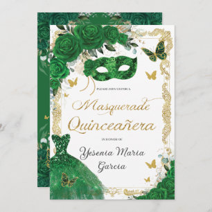 Invitation Chic Quinceañera Masquerade Emerald Green Floral