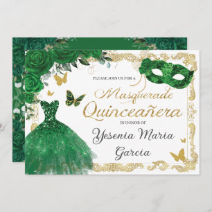 Invitation Chic Quinceañera Masquerade Emerald Green Floral I