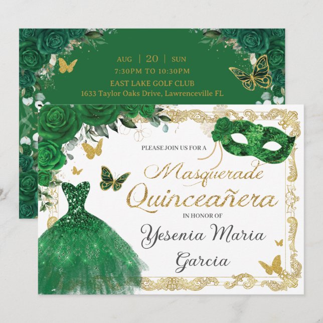 Invitation Chic Quinceañera Masquerade Emerald Green Floral I (Devant / Derrière)
