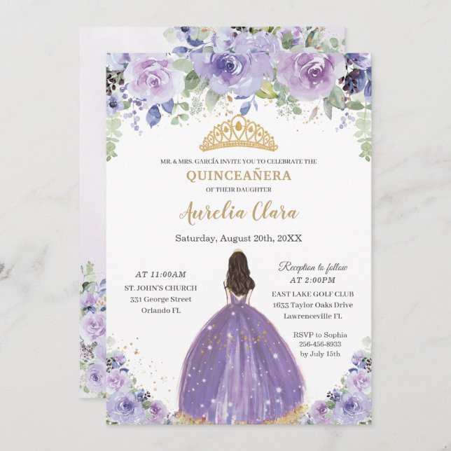 Invitation Chic Quinceañera Purple Lilac Floral Princesse (Devant / Derrière)