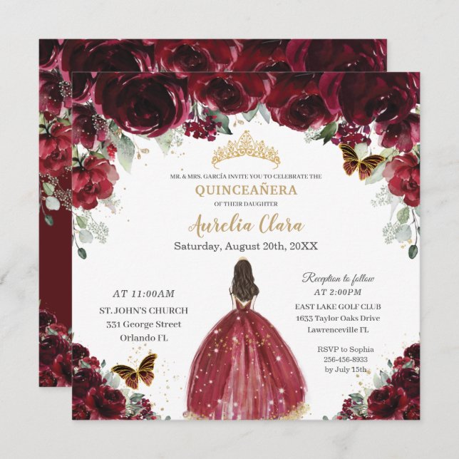 Invitation Chic Quinceañera Rich Bourgogne Rouge Floral Princ (Devant / Derrière)