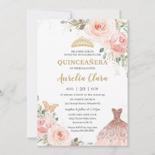 Invitation Chic Quinceañera Robe florale rose pâle Anniversai