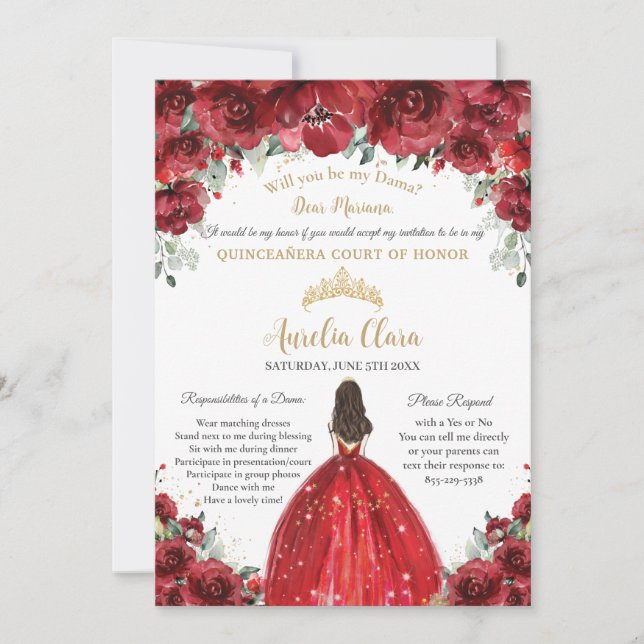 Invitation Chic Quinceañera Rouge Floral Dama Demande de prop (Devant)