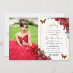 Invitation Chic Quinceañera Rouge Floral Papillons en or Phot