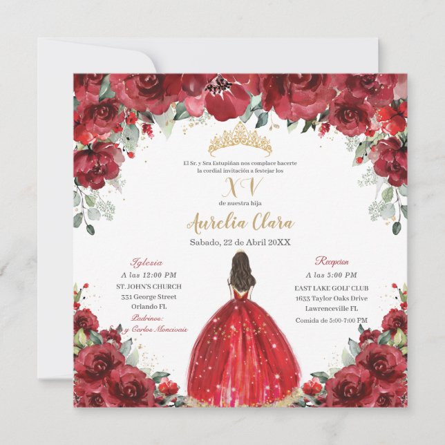 Invitation Chic Quinceañera Rouge Floral Rose Princess Gold (Devant)