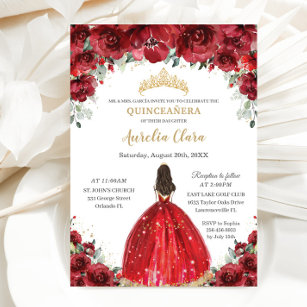 Invitation Chic Quinceañera Rouge Floral Rose Princesse Tiara