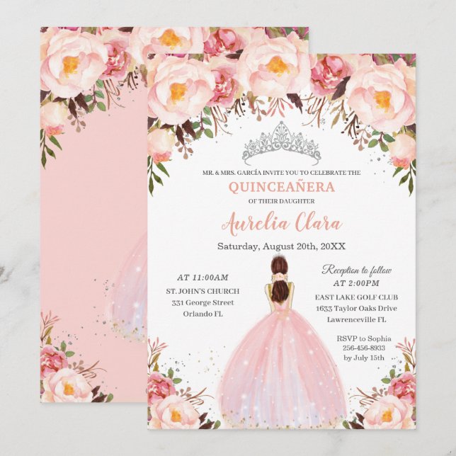 Invitation Chic Quinceañera Soft Blush Floral Princess Silver (Devant / Derrière)
