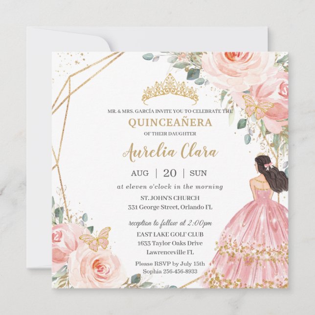 Invitation Chic Quinceañera Soft Blush Rose Floral Princesse (Devant)