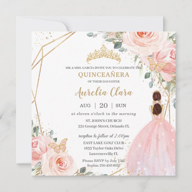 Invitation Chic Quinceañera Soft Blush Rose Floral Tiara (Devant)