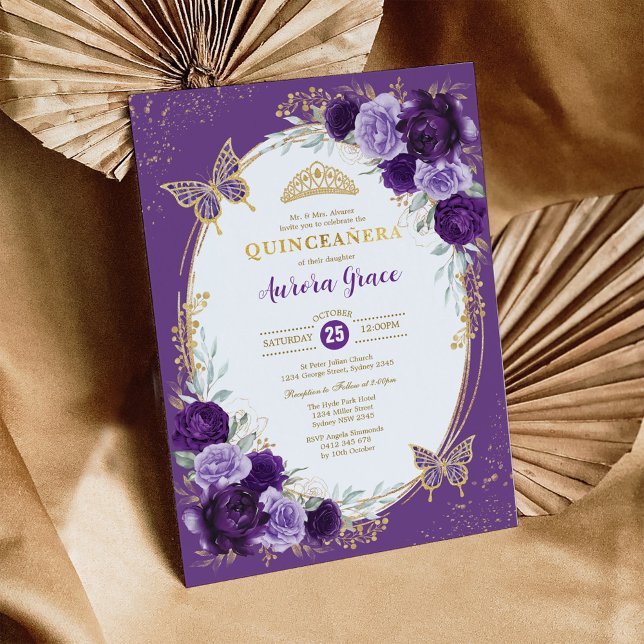 Invitation Chic Quinceañera Violet Or Flower Papillon (Créateur téléchargé)