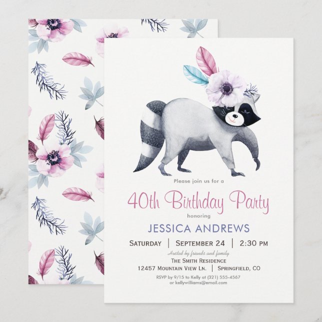 Invitation Chic Raccoon fête d'anniversaire (Devant / Derrière)