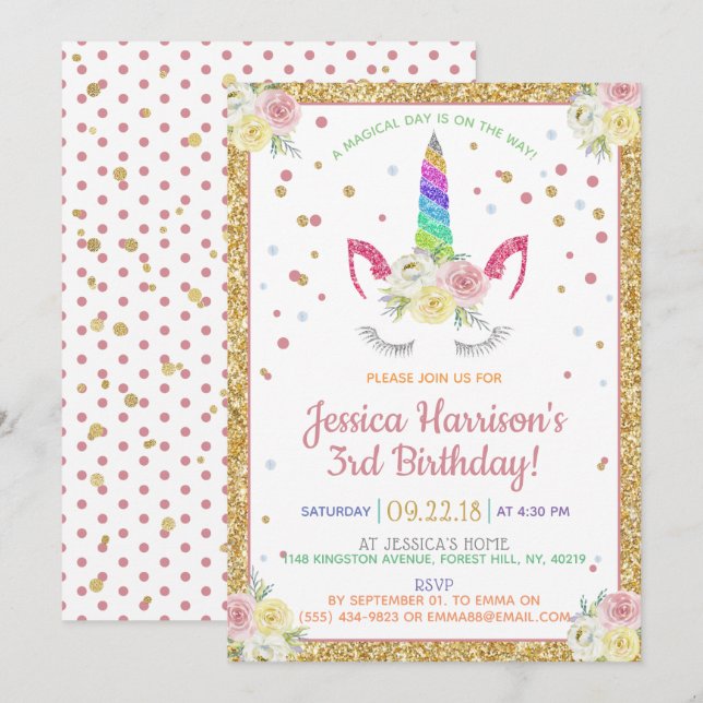 Invitation Chic Rainbow Parties scintillant Unicorn N'importe (Devant / Derrière)