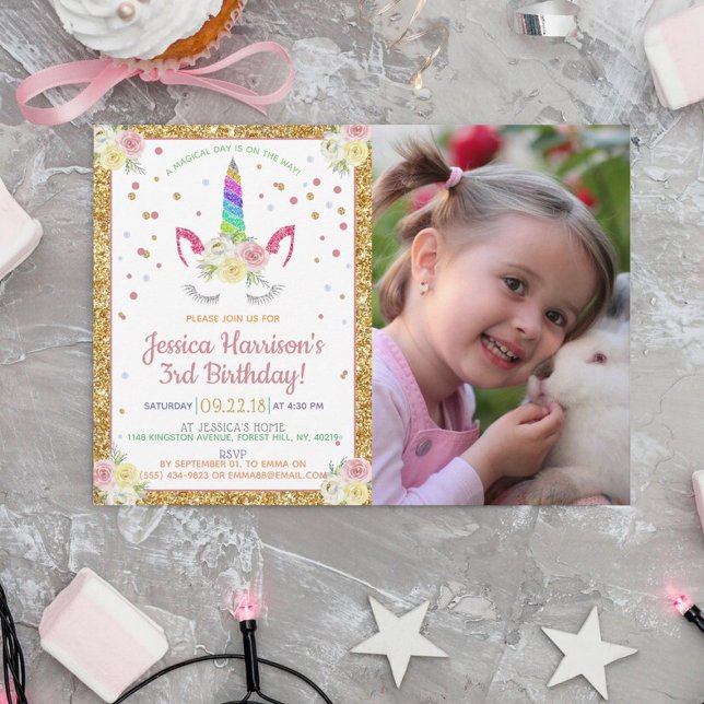Invitation Chic Rainbow Parties scintillant Unicorn Photo Ann (Créateur téléchargé)