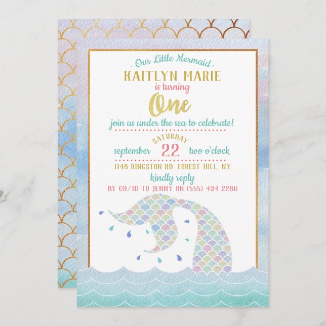 Invitation Chic Rainbow Watercolor Mermaid 1er anniversaire (Devant / Derrière)