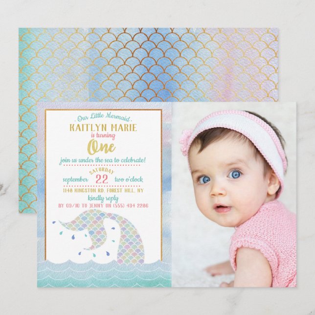 Invitation Chic Rainbow Watercolor Mermaid 1er Birthday Photo (Devant / Derrière)