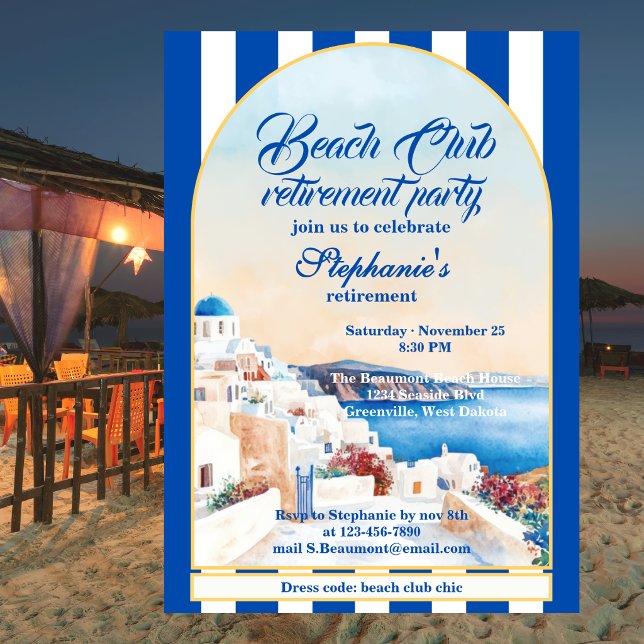 Invitation Chic Rayure Côtière Grèce Club de Plage Retraite (Créateur téléchargé)