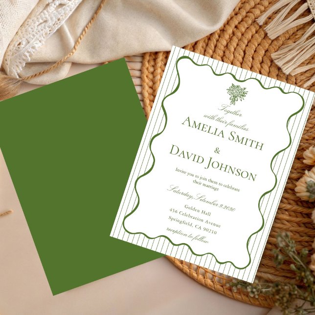 Invitation Chic Rayure de Vague de Planche  Vert Mariage (Créateur téléchargé)
