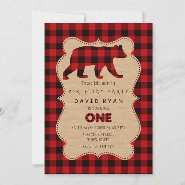 Invitation Chic Red Buffalo Flannel up Plaid Anniversaire ONE (Dos)