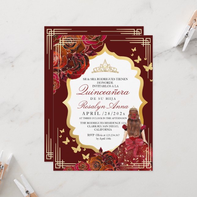 Invitation Chic Red Gold Rose Princesse Quinceañera (Devant/Arrière en situation)