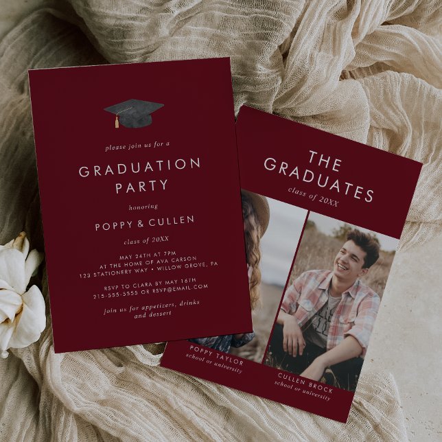 Invitation Chic Red Grad Casquette Photo Double Graduation Pa (Créateur téléchargé)