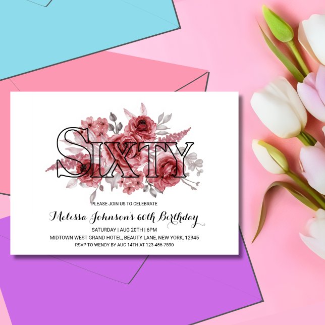 Invitation Chic Red Maroon vert floral 60e anniversaire (Créateur téléchargé)