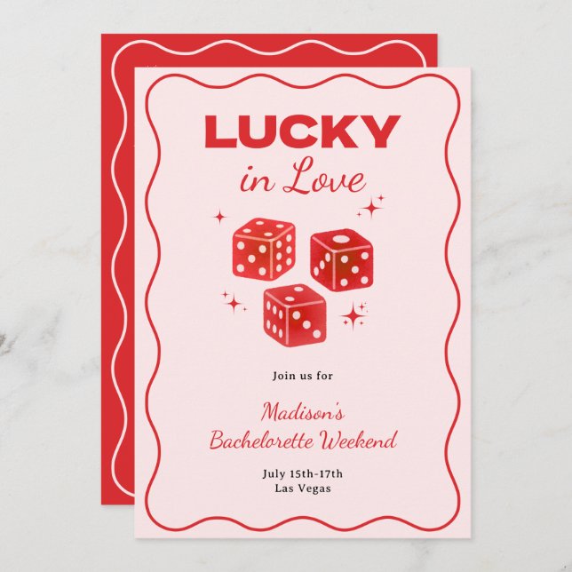 Invitation Chic Red Pink Lucky In Love Bachelorette Itinerary (Devant / Derrière)