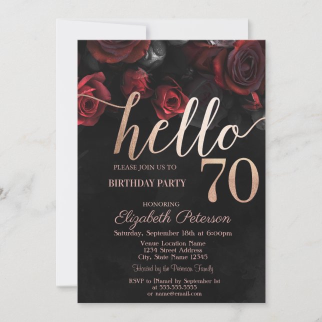 Invitation Chic Red Roses Noir 70e fête d'anniversaire (Devant)