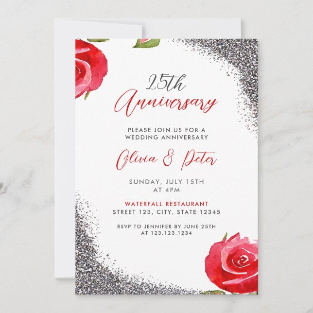 Invitation Chic Red & Silver Parties scintillant 25e annivers (Devant)