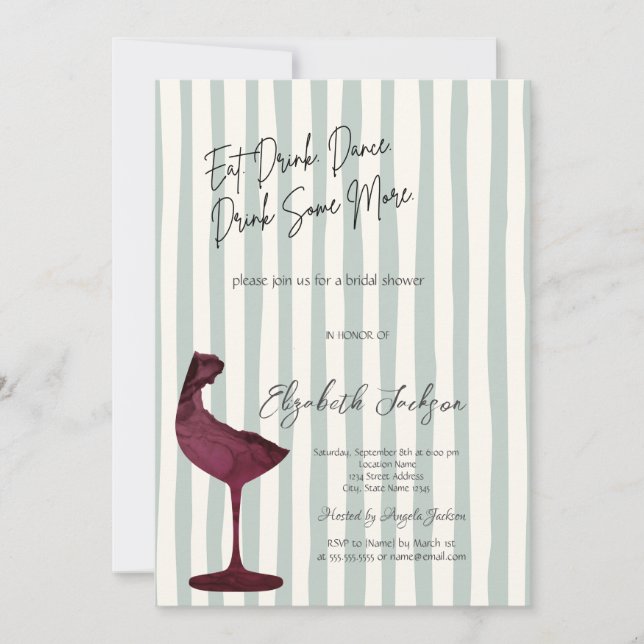 Invitation Chic Red Wine Glass Green Striped  (Devant)