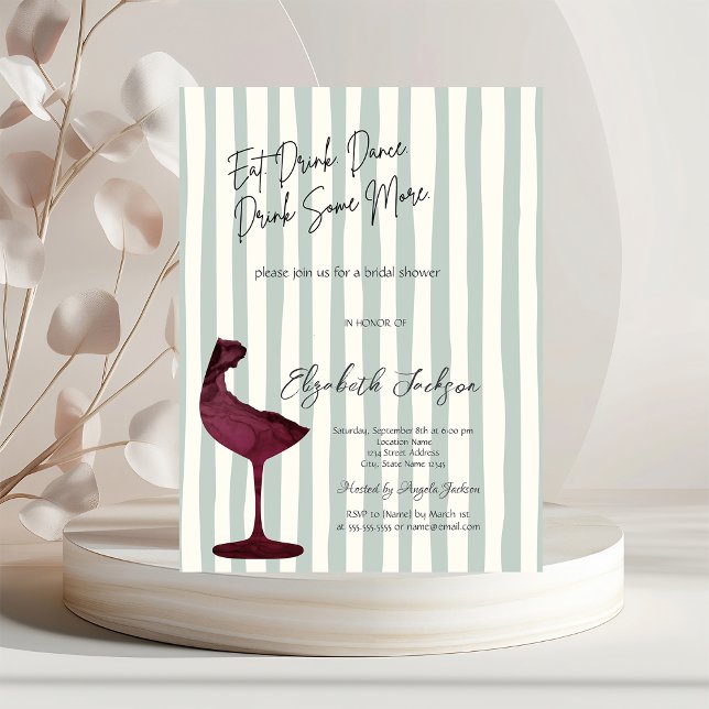 Invitation Chic Red Wine Glass Green Striped  (Créateur téléchargé)