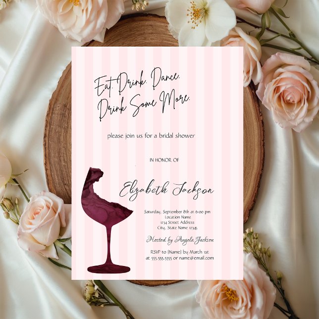 Invitation Chic Red Wine Glass Pink Striped  (Créateur téléchargé)
