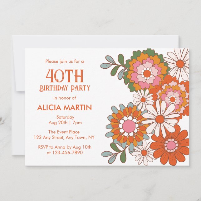 Invitation Chic Retro Hippie Flora Leaf Anniversaire (Devant)