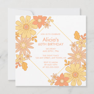 Invitation Chic Retro Hippie Orange Peach Flora 60e anniversa