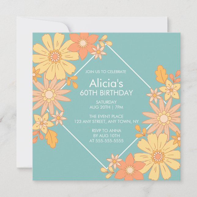 Invitation Chic Retro Orange Peach Flora Green 60e anniversai (Devant)