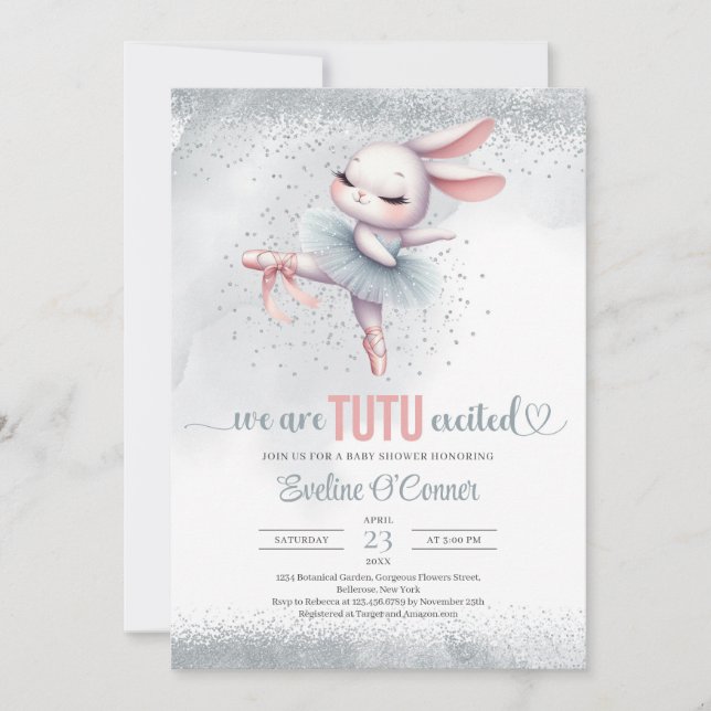 Invitation Chic robe de tutu rose et argent ballerine lapin  (Devant)