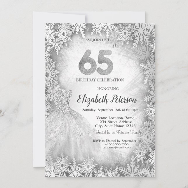 Invitation Chic Robe Snowflakes hiver 65e anniversaire (Devant)