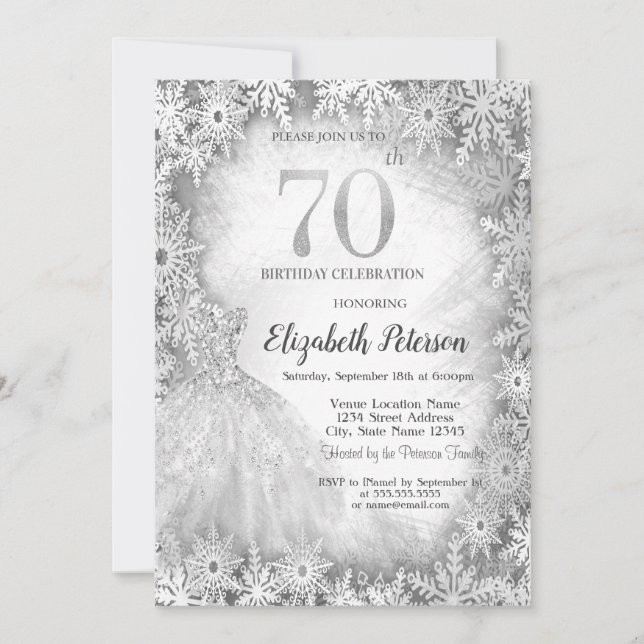 Invitation Chic Robe Snowflakes hiver 70e anniversaire (Devant)