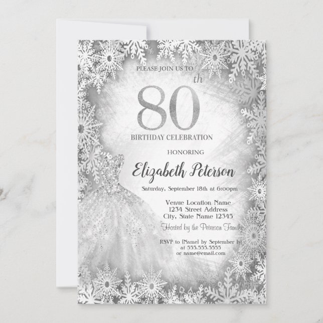 Invitation Chic Robe Snowflakes hiver 80e anniversaire (Devant)