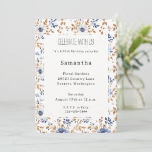 Invitation Chic Romantique Bleu Blanc Floral Anniversaire