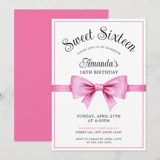 Invitation Chic rose Aquarelle Bow Sweet 16 Anniversaire (Devant / Derrière)