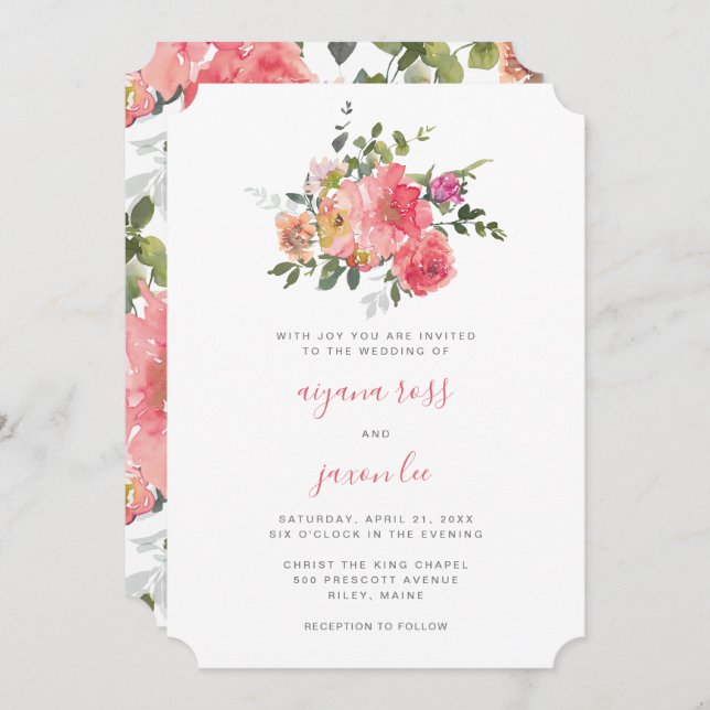 Invitation Chic rose Aquarelle Peony Bouquet Mariage (Devant / Derrière)
