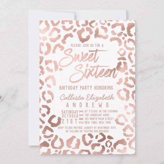 Invitation Chic Rose blanche or Cheetah Leopard Sweet 16 (Devant)