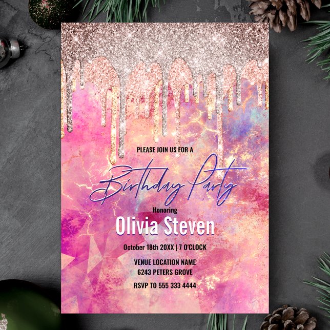 Invitation Chic rose bleu rose holographique goutte à goutte (Créateur téléchargé)